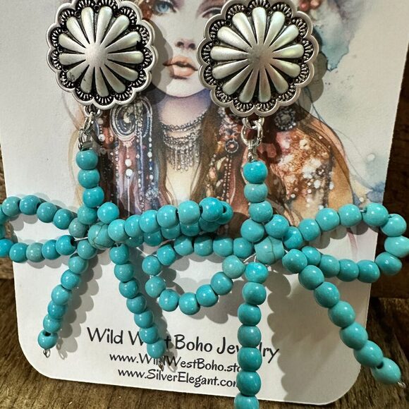 Handmade Ribbon Bow Post Earrings with Turquoise Beads, Western Boho, Ships in - Picture 7 of 9